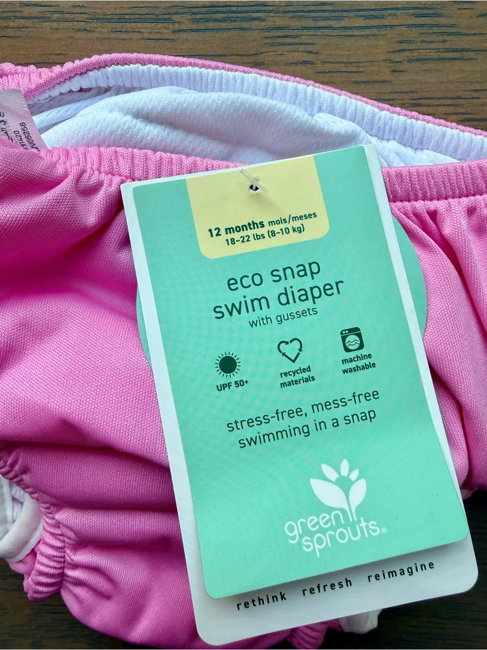 Green Sprouts Pink Eco Snap Swim Diaper - UPF 50 -size 12M (18-22 lbs)- NWT